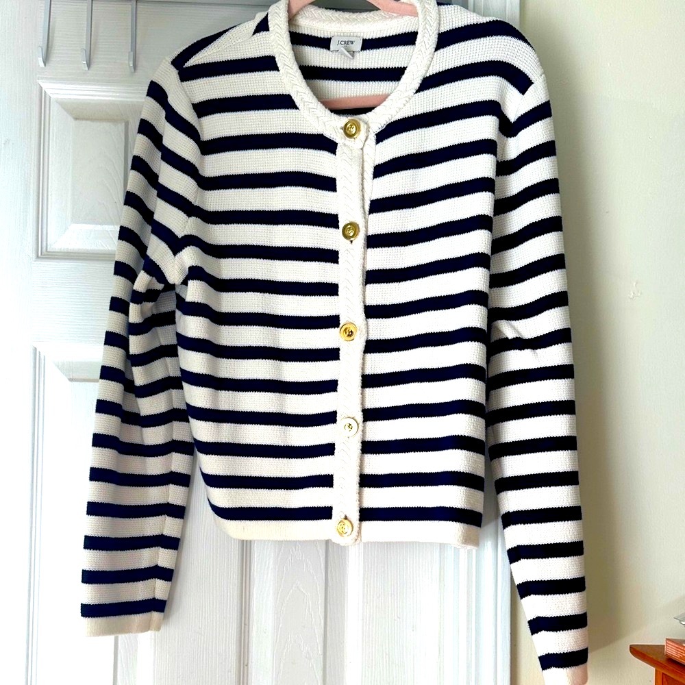 J. Crew Navy and White Striped Cardigan, gold buttons Size L, luxury sweater